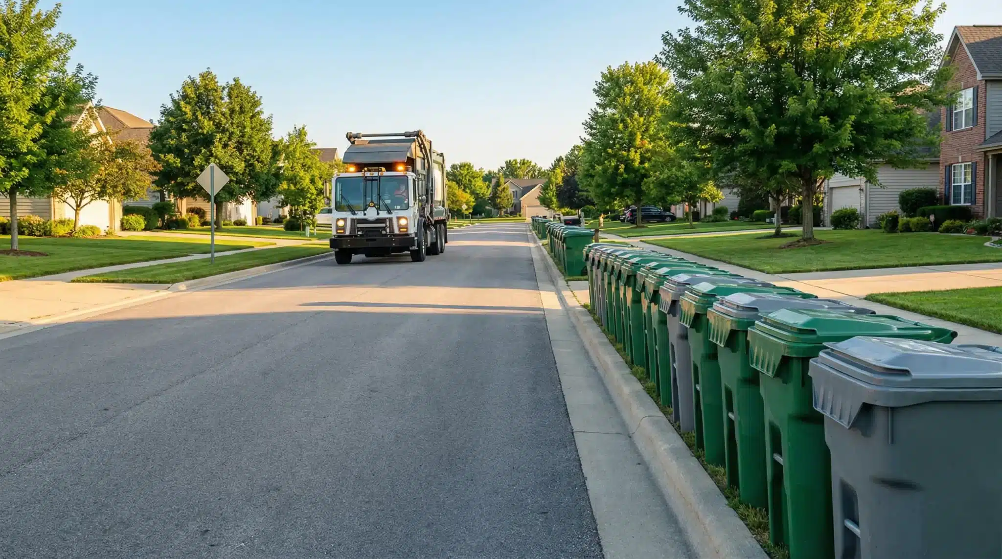 Garbage truck approaching lined green bins on suburban street with trees and houses