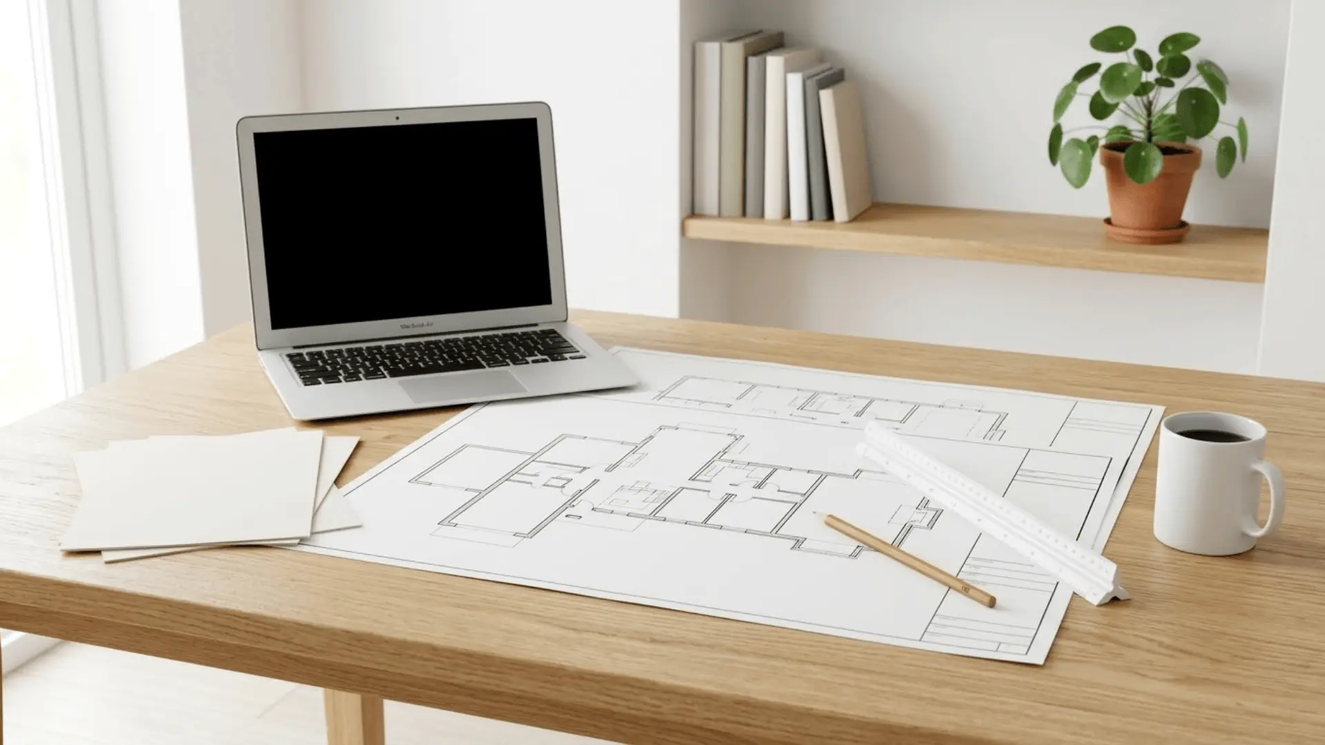architectural blueprints and plain documents spread on a wooden table with a laptop and coffee mug in natural light