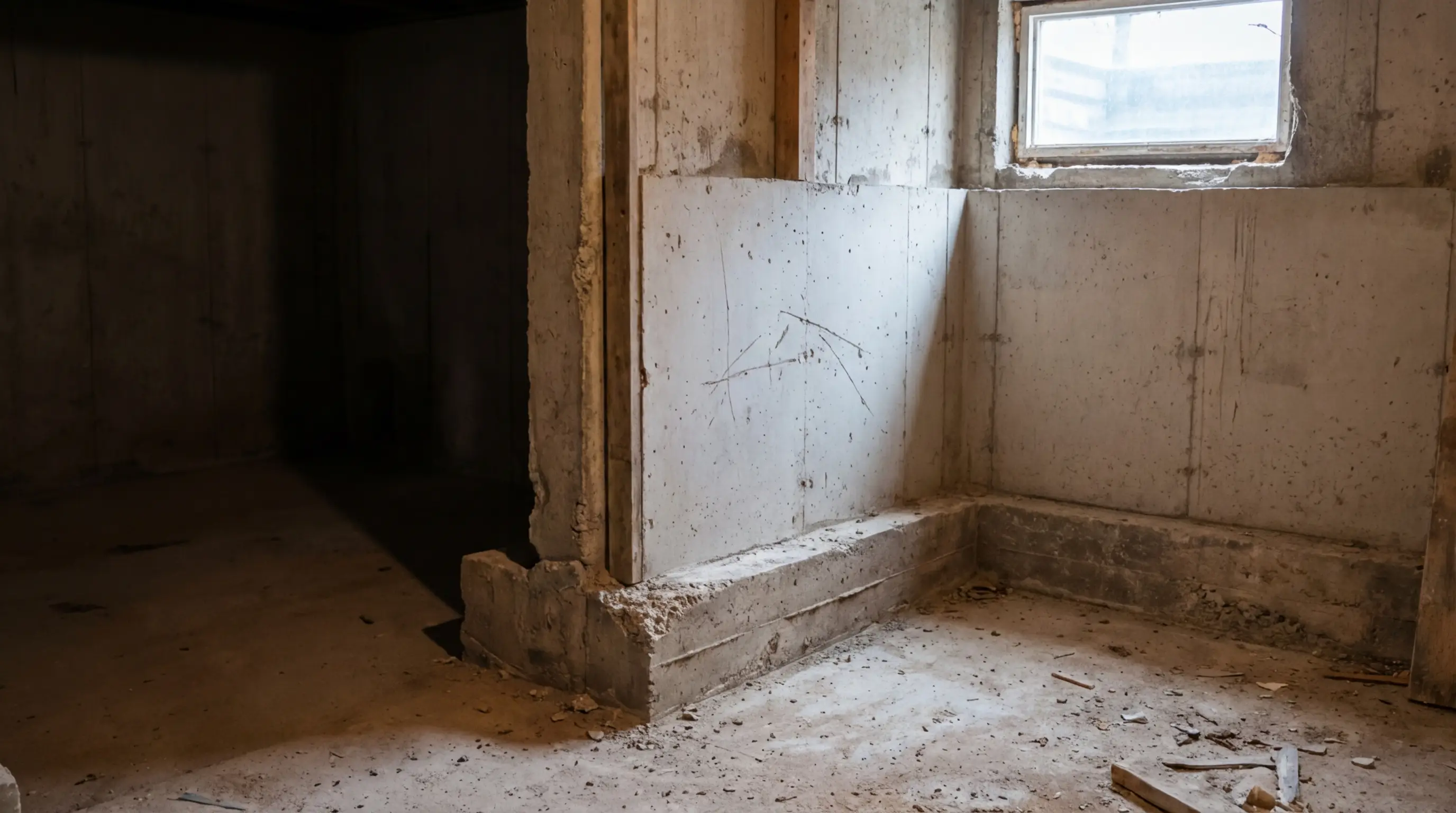 Empty unfinished basement room with concrete walls and floors, dim lighting from small window