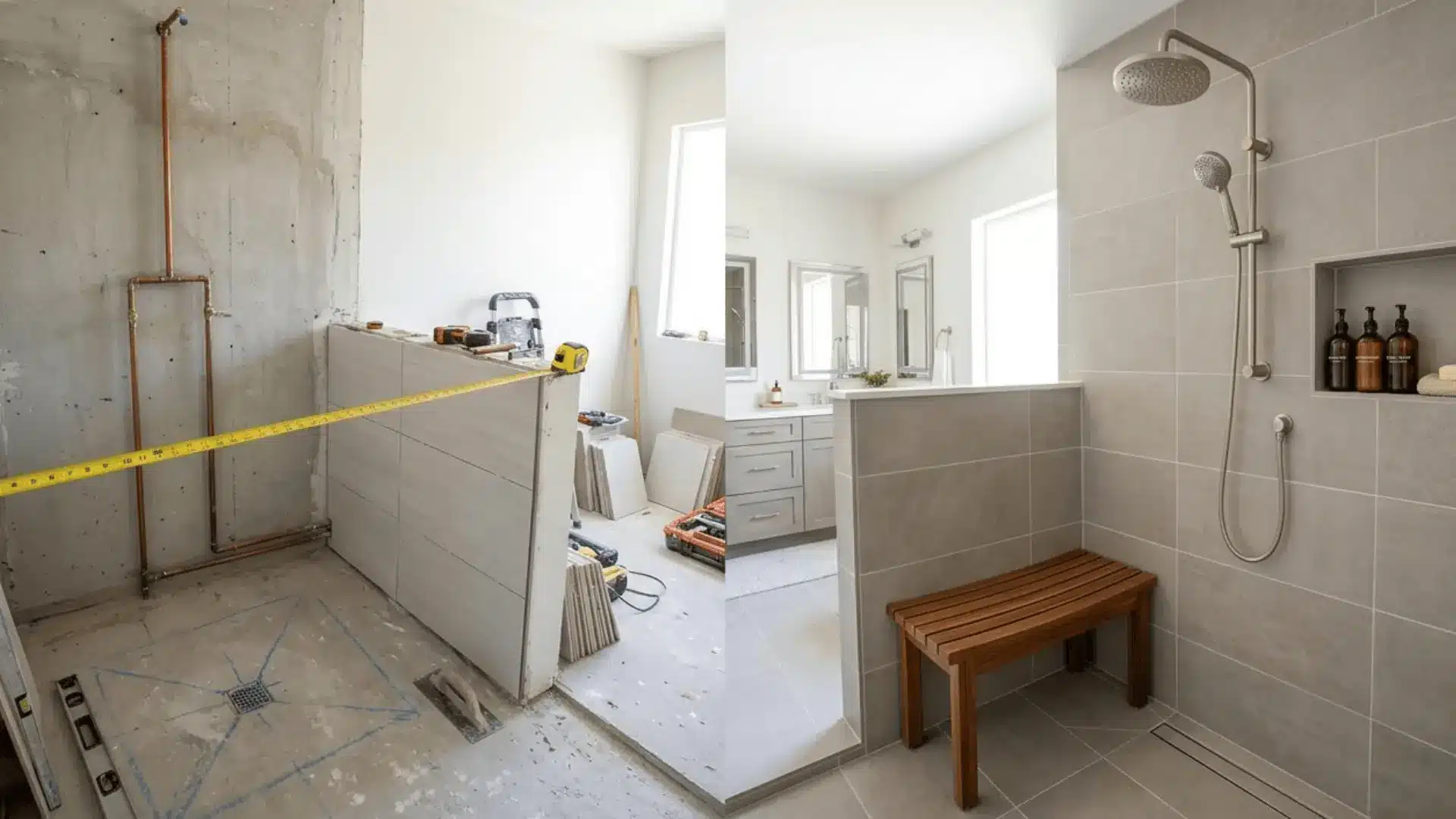 bathroom renovation showing plumbing layout and finished walk-in shower with bench and dual showerheads