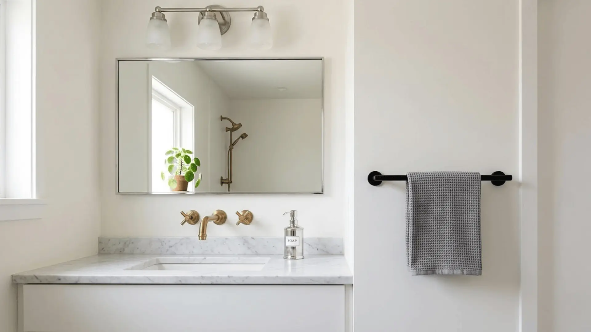 bathroom vanity with mixed metal fixtures in brass, matte black, and chrome against white marble counter