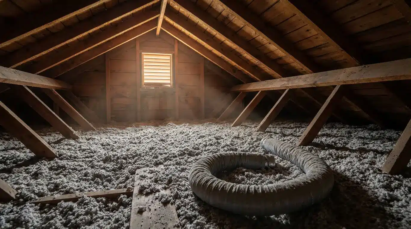 Fiberglass insulation in rustic attic with wooden beams and single window under dim lighting