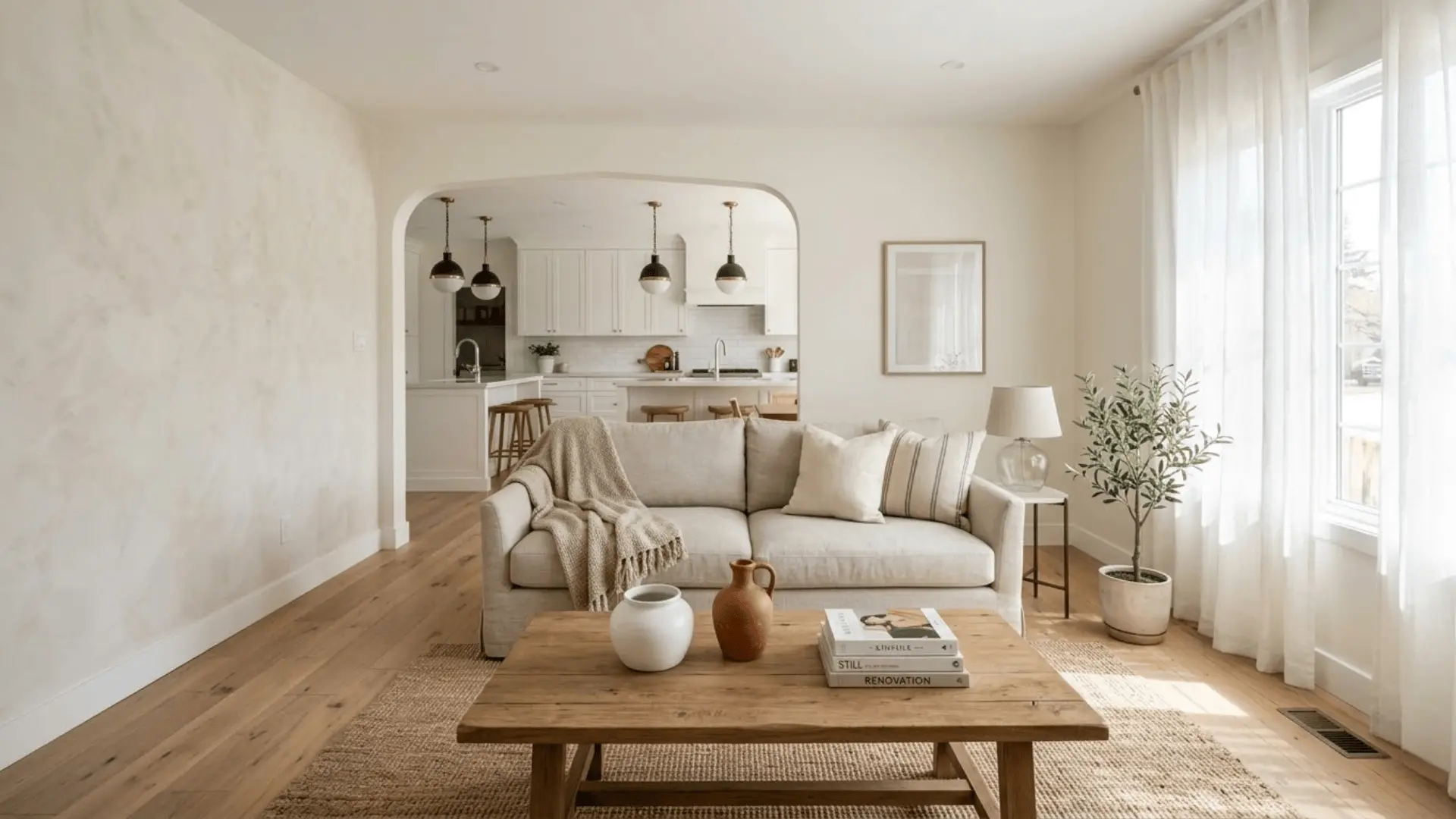 bright freshly renovated living room with hardwood floors, plastered accent wall, and natural light