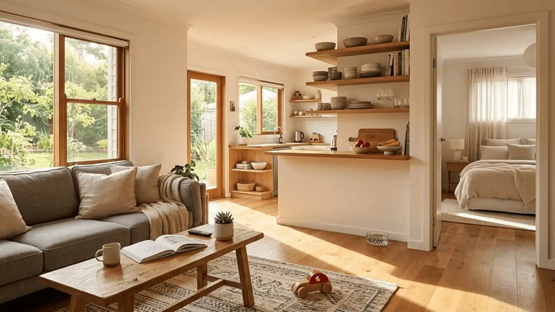 bright open-plan home interior showing living room, kitchen, and bedroom emphasizing healthy indoor living spaces