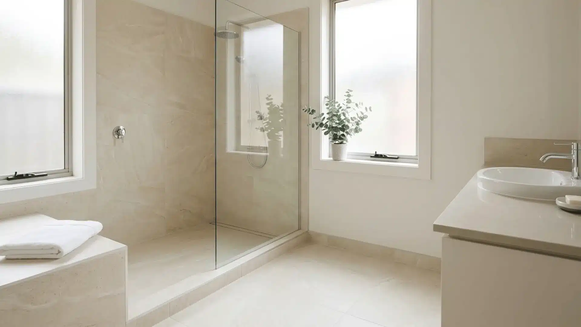 bright renovated bathroom with walk-in shower, ivory porcelain tiles, and natural morning light