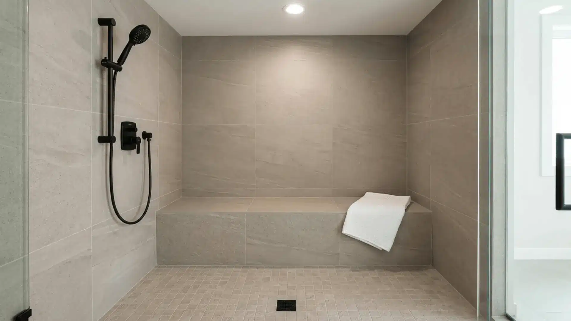 built-in tiled shower bench with greige porcelain walls and matte black handheld showerhead