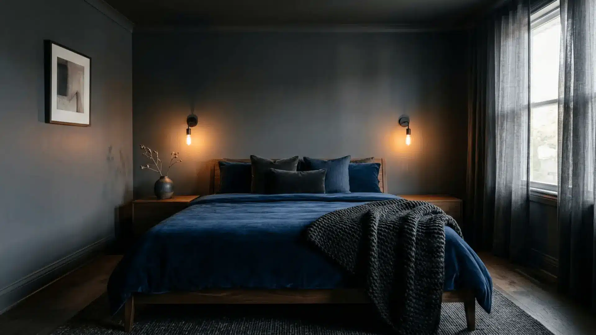 charcoal color drenching bedroom with navy velvet bedding and warm sconce lighting