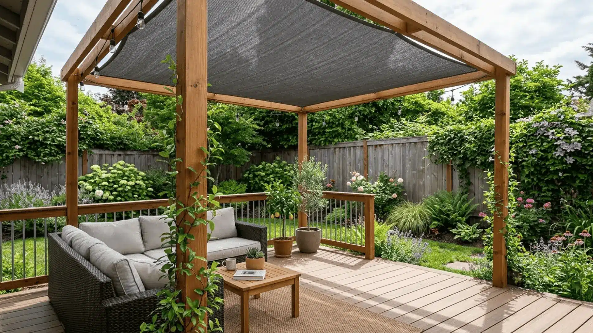 charcoal shade cloth stretched over a wood trellis roof panel on a sun dappled backyard deck