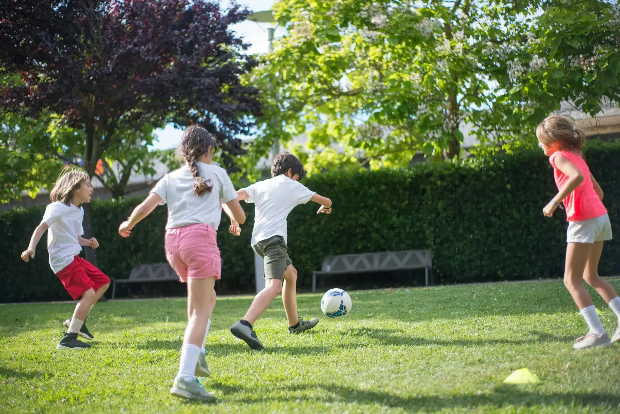 Children playing soccer on a grassy field surrounded by lush green trees