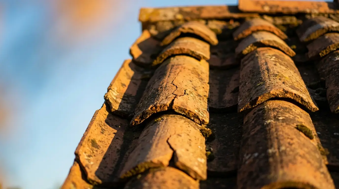 Close-up of weathered terracotta roof tiles under warm sunlight with clear blue sky background
