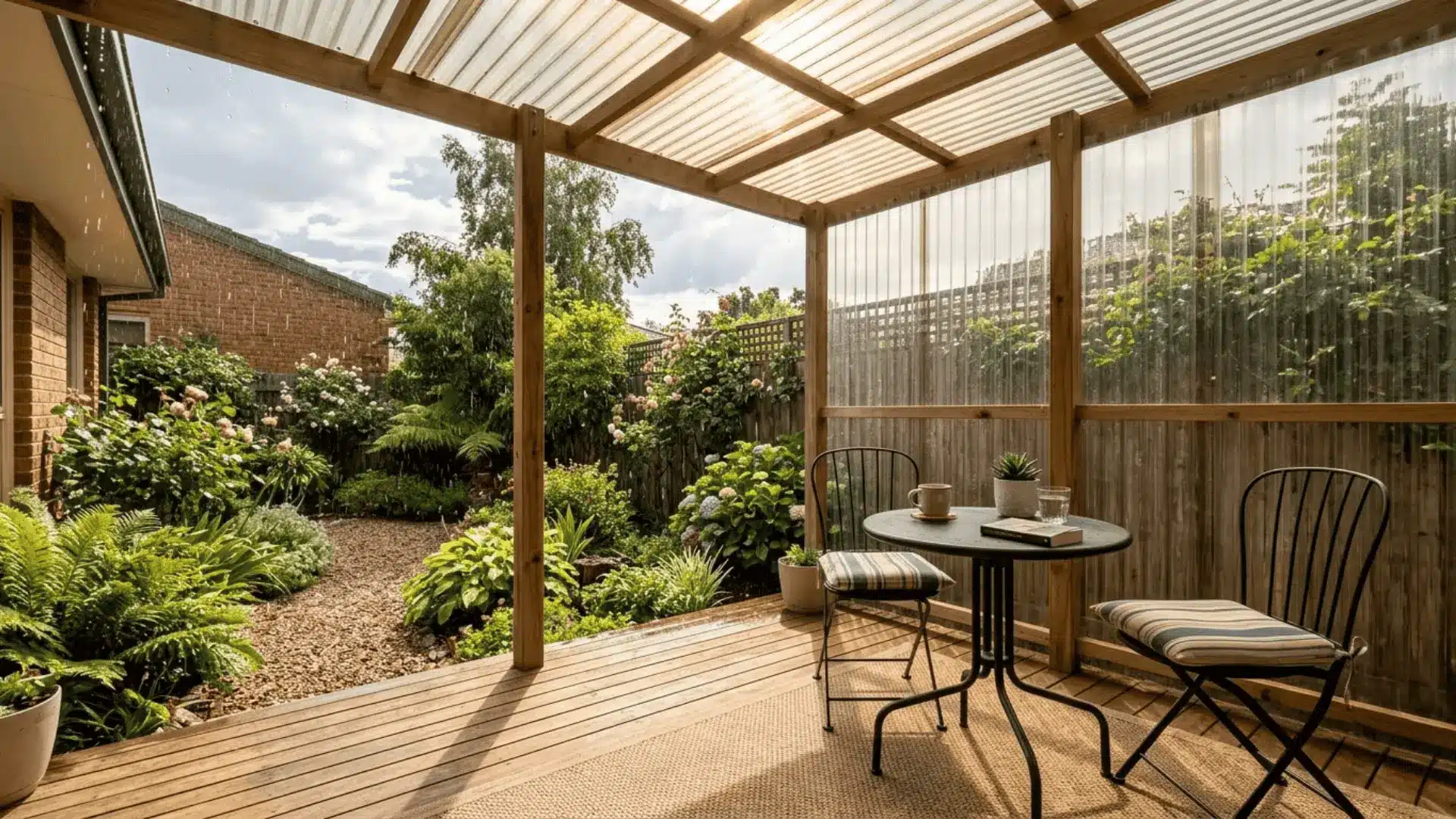 clear corrugated plastic roof panels on a timber frame keeping a compact backyard deck dry