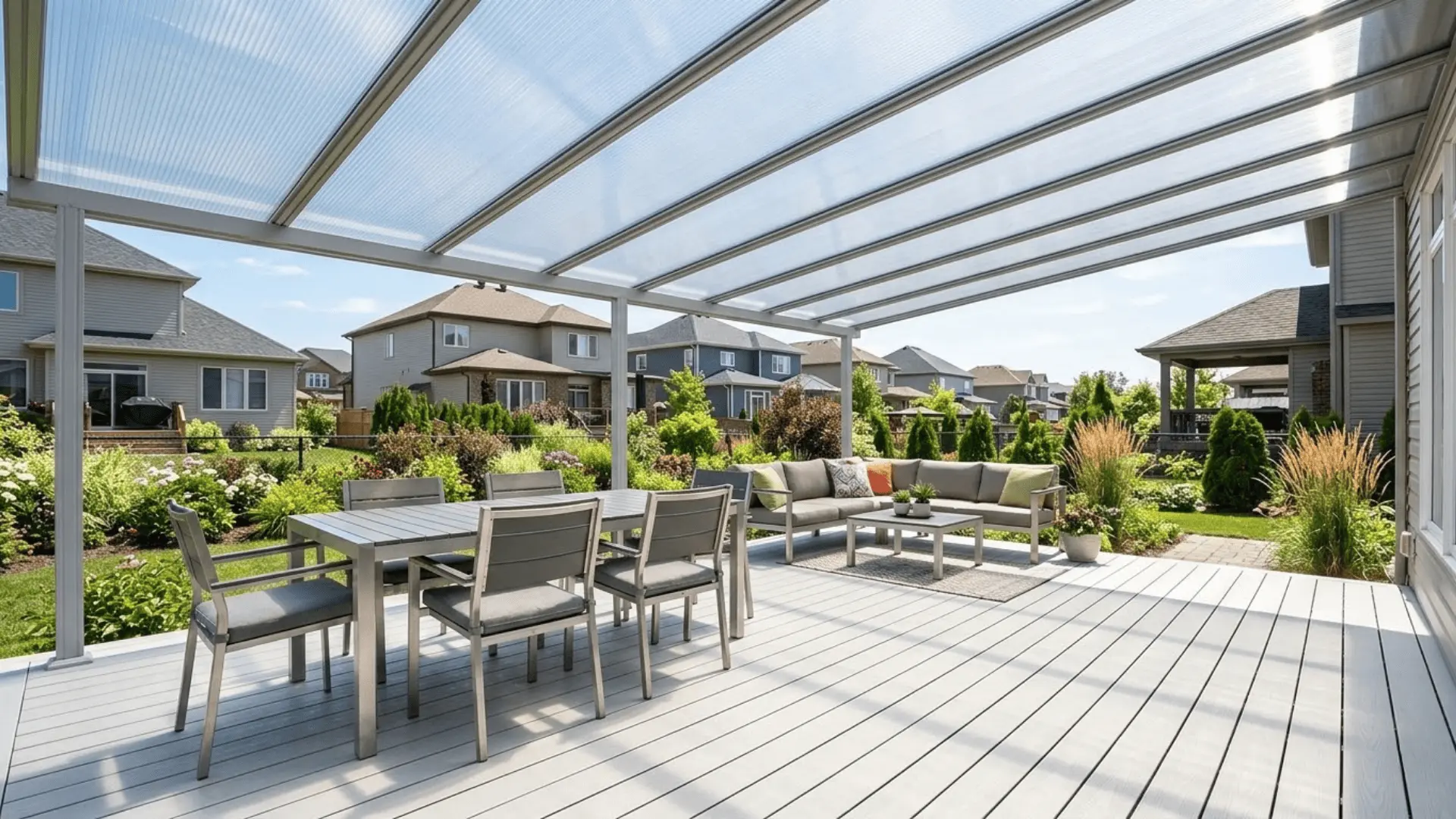 clear polycarbonate roof panels on an aluminum frame over a bright airy backyard deck