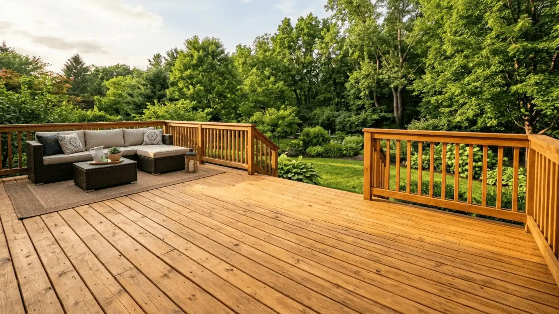 close-up of a cedar wood deck with honey finish in warm afternoon sunlight