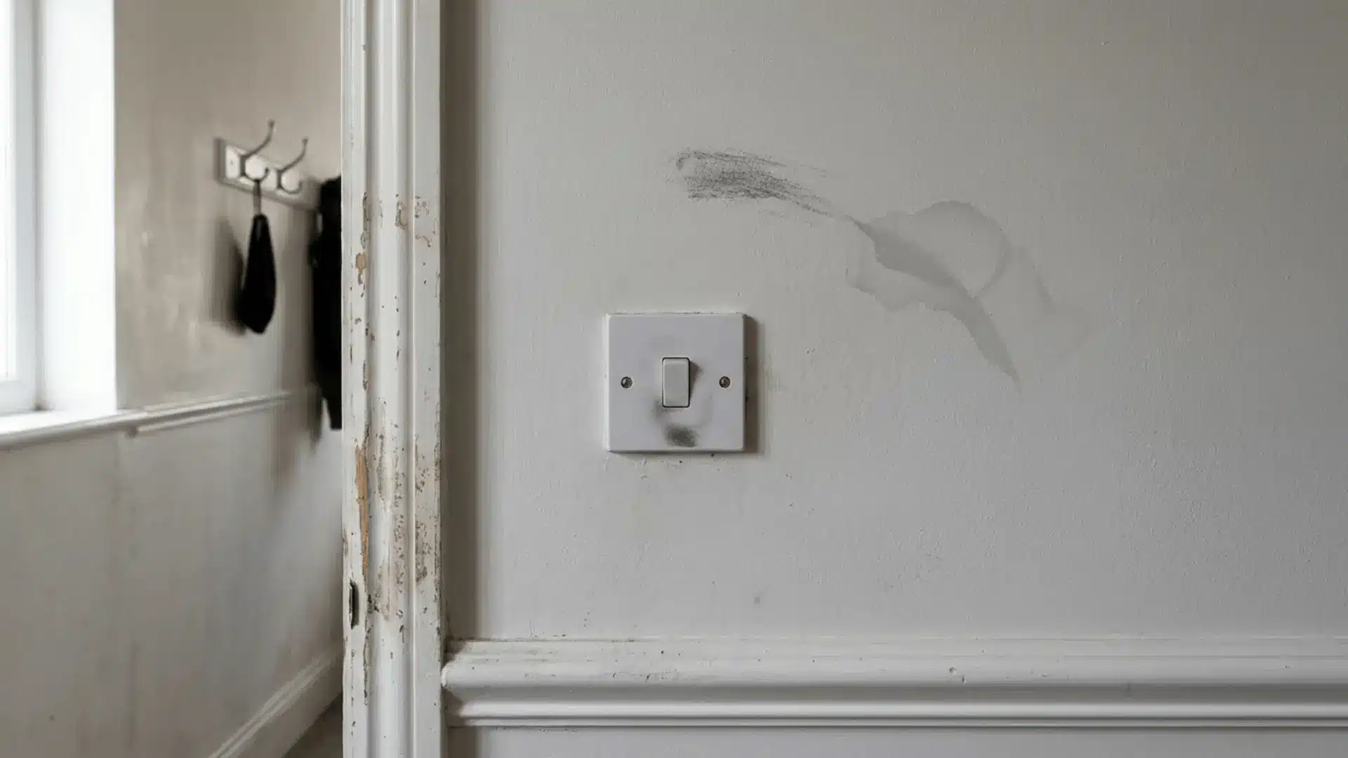 close-up of flat matte wall showing scuffs, smudges, and wear marks in a natural daylight hallway