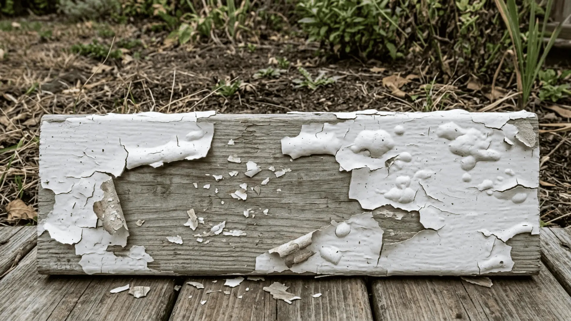 close-up of peeling and bubbling paint on pressure-treated wood outdoors showing failed adhesion