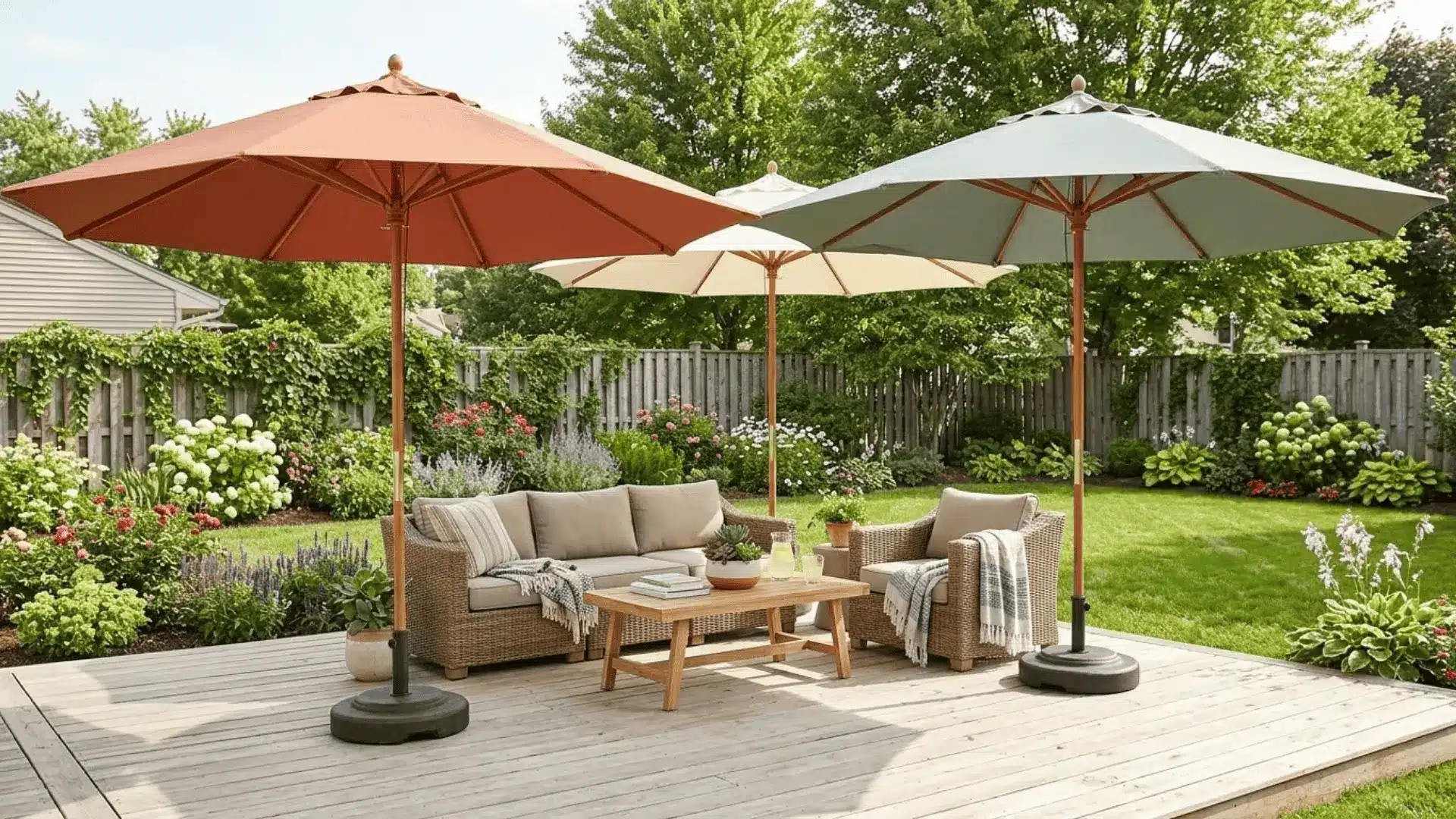 cluster of three overlapping market patio umbrellas in terracotta cream and sage on a deck