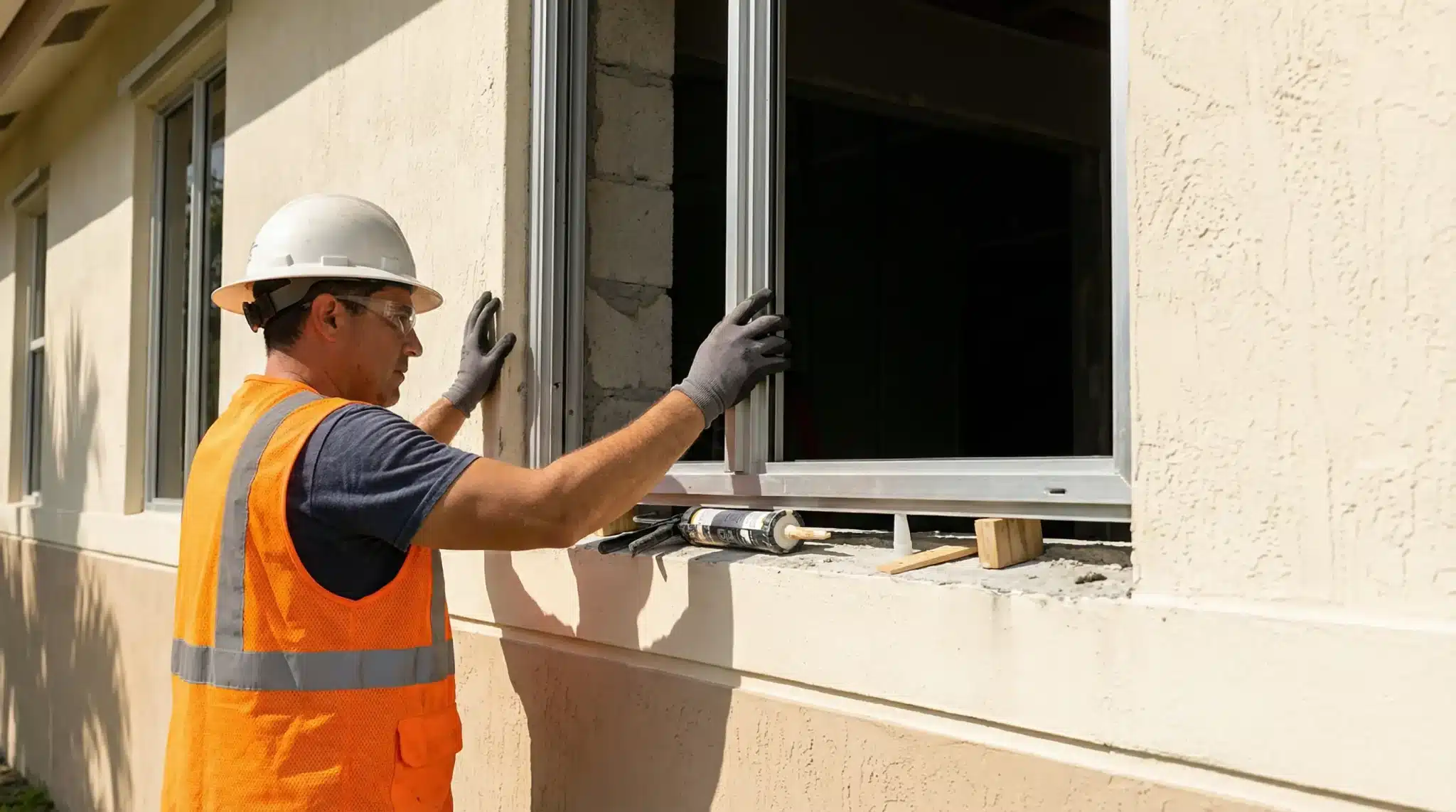 Construction worker installing a window frame on a beige building exterior wearing safety gear