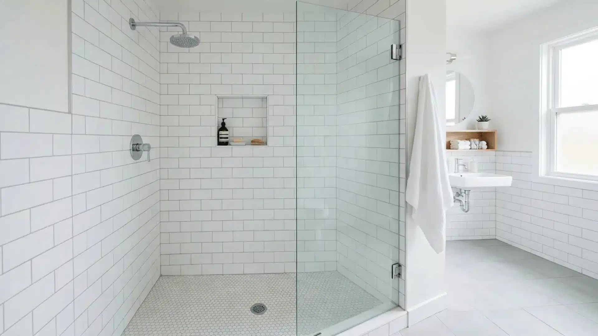 compact walk-in shower with white subway tiles, chrome fixtures, and a glass panel in a guest bathroom