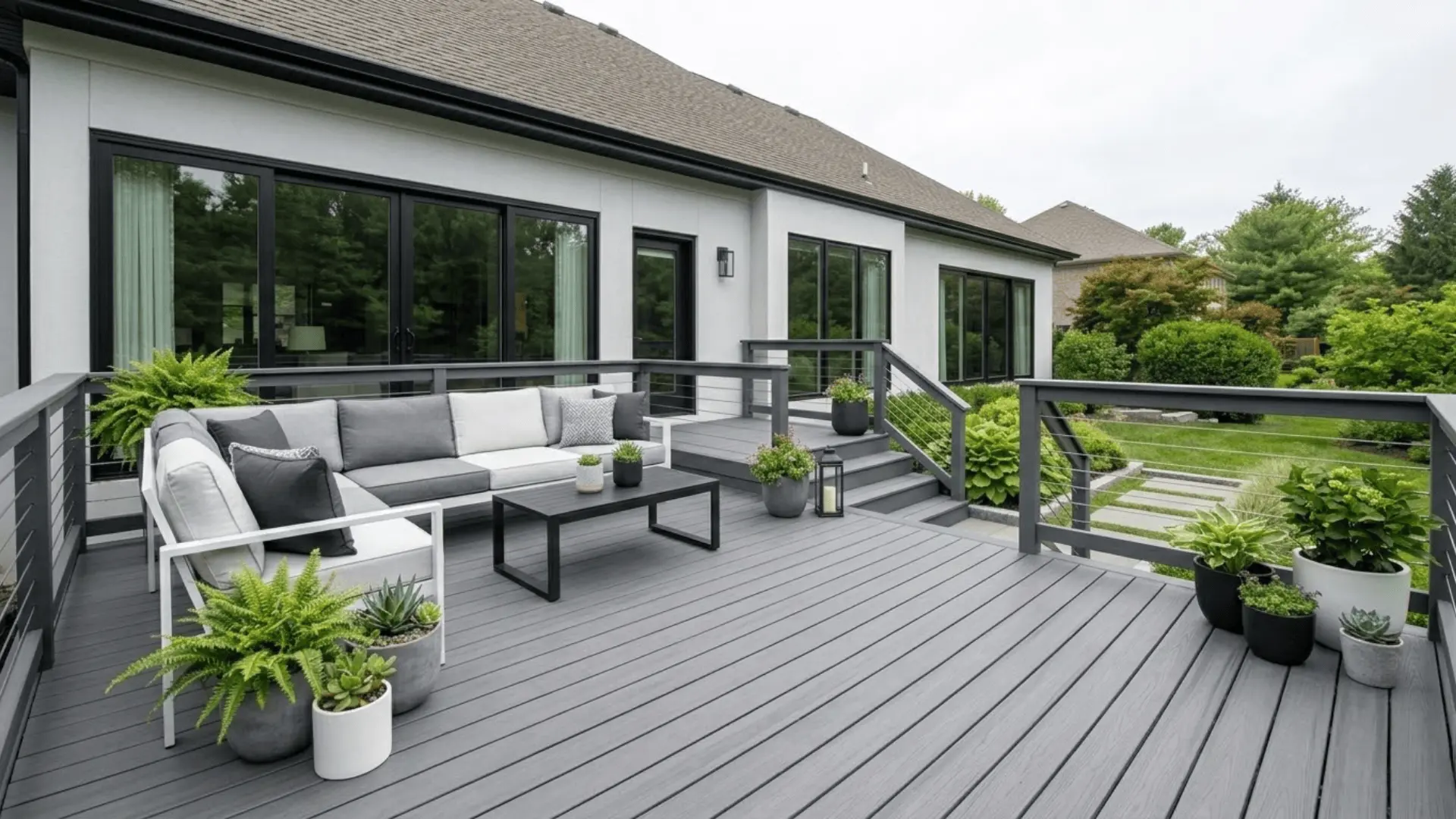 cool gray deck with modern home glass doors and minimalist white outdoor furniture
