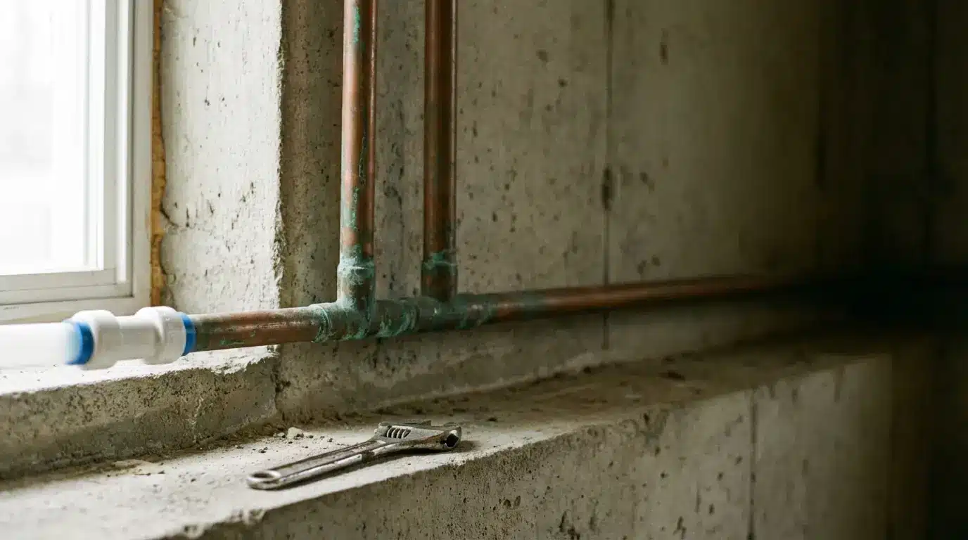 Copper pipes with green oxidation along concrete wall, wrench lying on ledge nearby