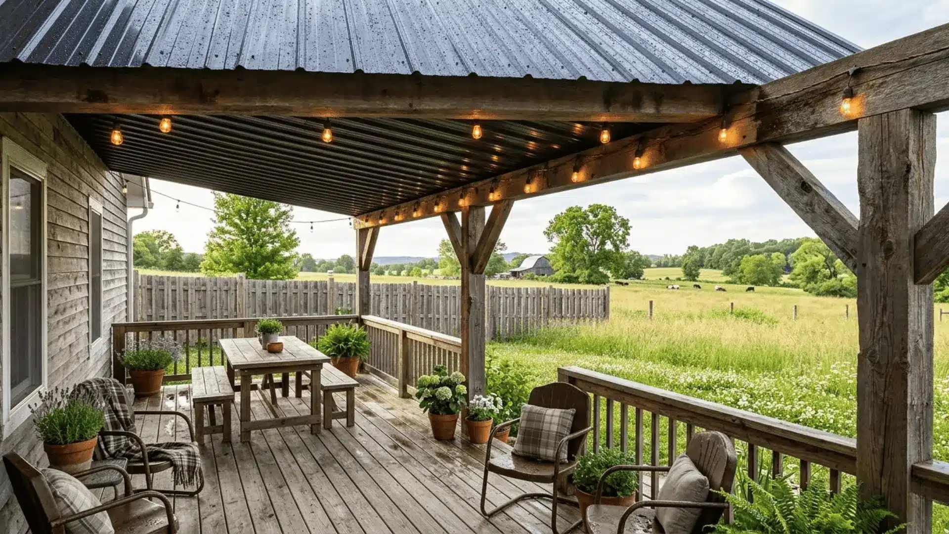 corrugated charcoal metal roof over a farmhouse style deck with timber posts and string lights