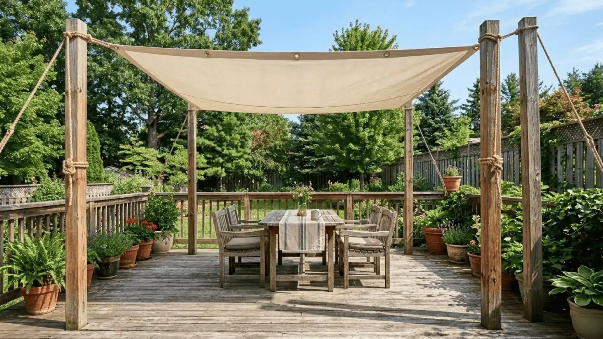 cream canvas fabric canopy stretched over a wooden backyard deck on a sunny afternoon