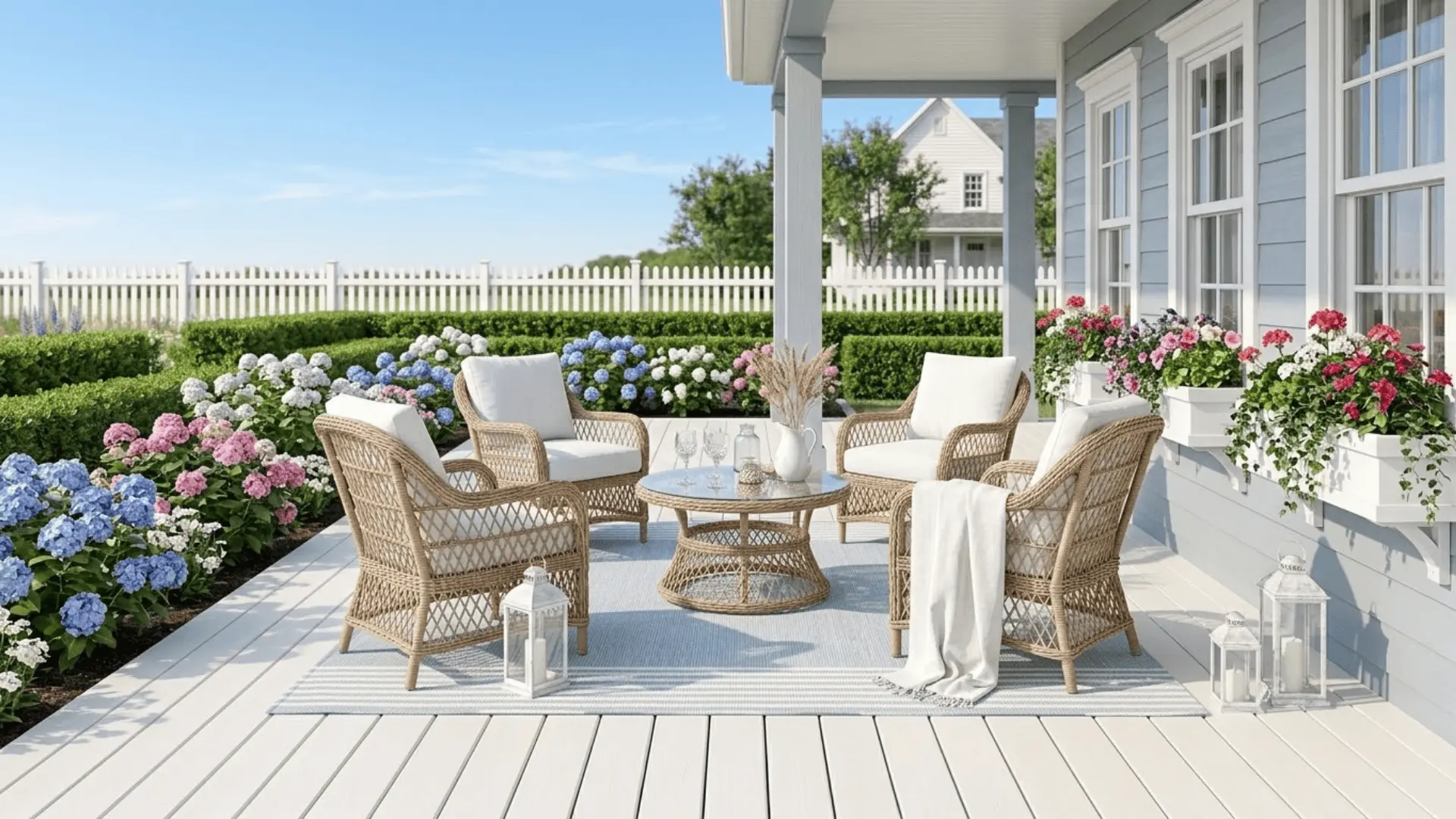 crisp off-white painted deck on a cottage home with flowering garden surroundings
