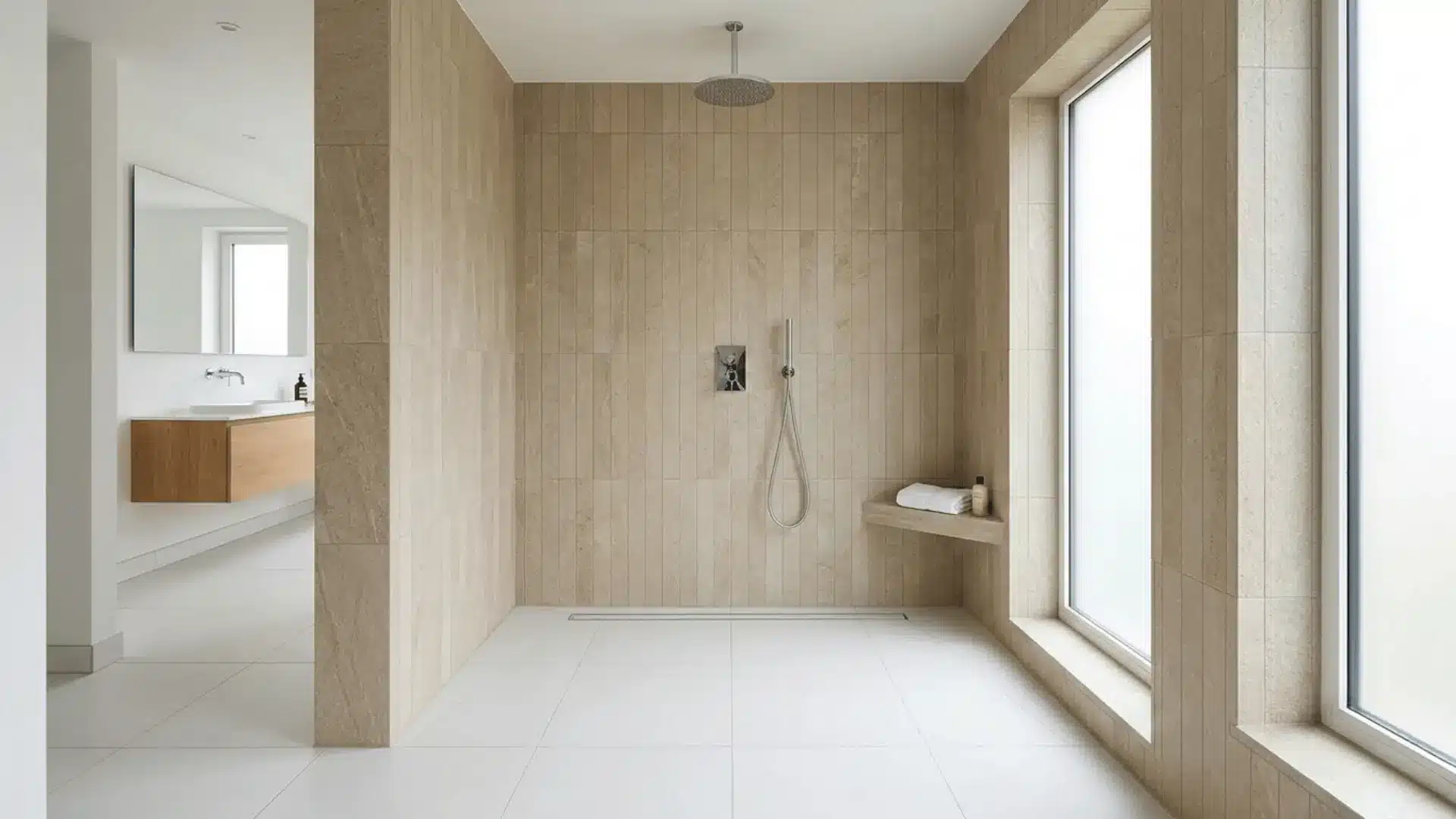 curbless walk-in shower with large porcelain tiles, chrome fixtures, and natural light