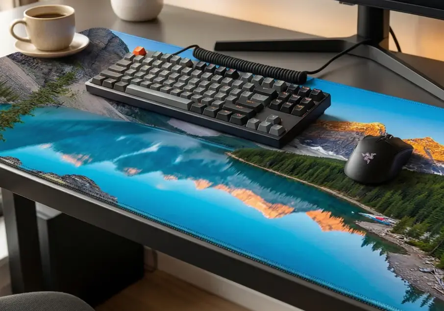 Keyboard and mouse on desk with scenic landscape mat and cup of coffee nearby