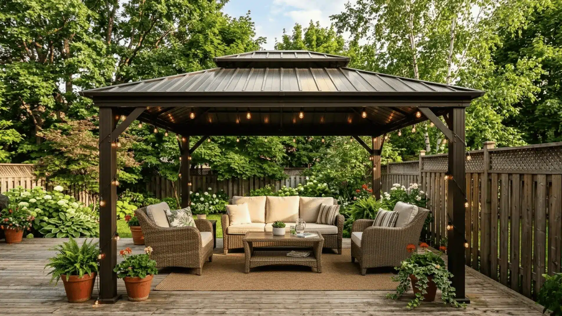 dark bronze hardtop aluminum gazebo with string lights and wicker furniture on a backyard deck