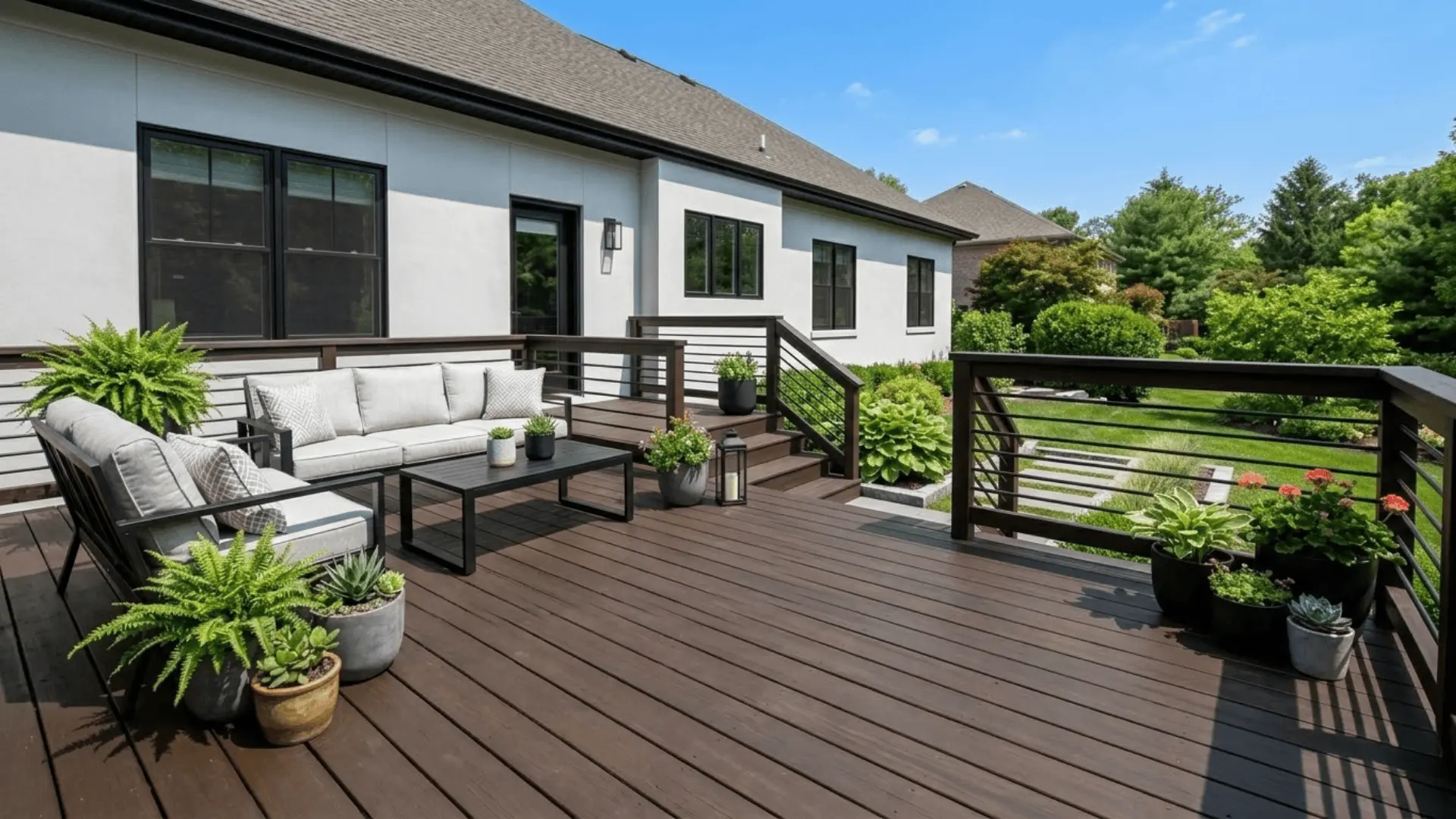 dark espresso brown deck with modern white home exterior and structured landscaping