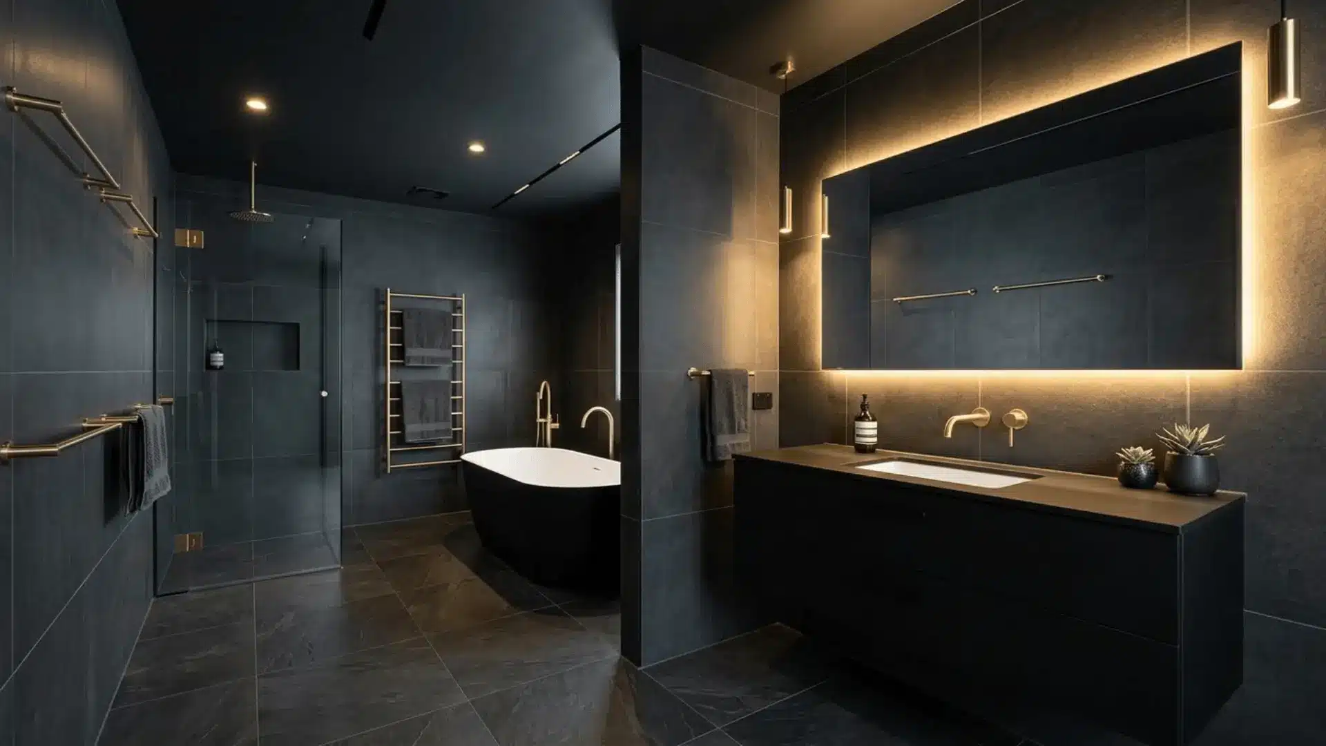 dark luxury bathroom with charcoal matte tiles, brass accents, matte black vanity, and backlit mirror