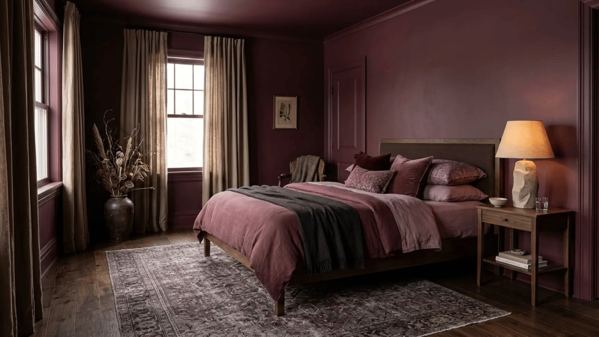 deep burgundy color drenching bedroom with moody plum tones and warm editorial lighting