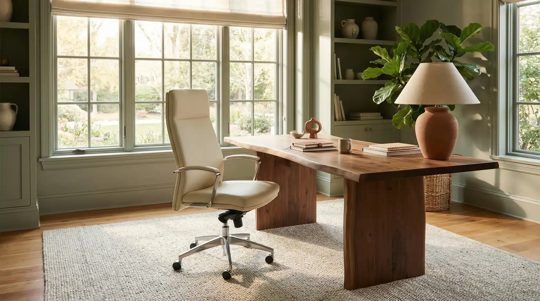 Modern home office with wooden desk, beige chair, and large windows overlooking greenery
