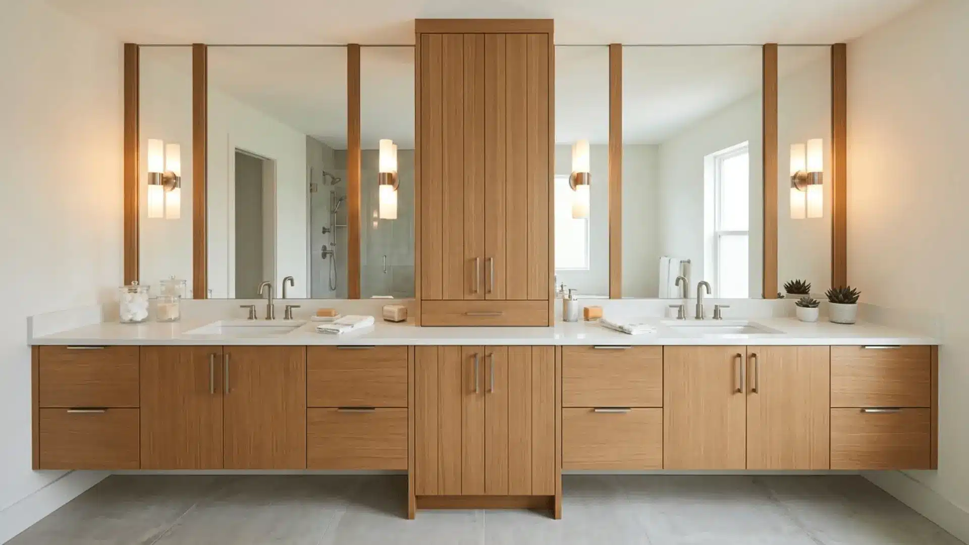double vanity with oak tower cabinet, dual sinks, quartz countertop, and warm sconce lighting