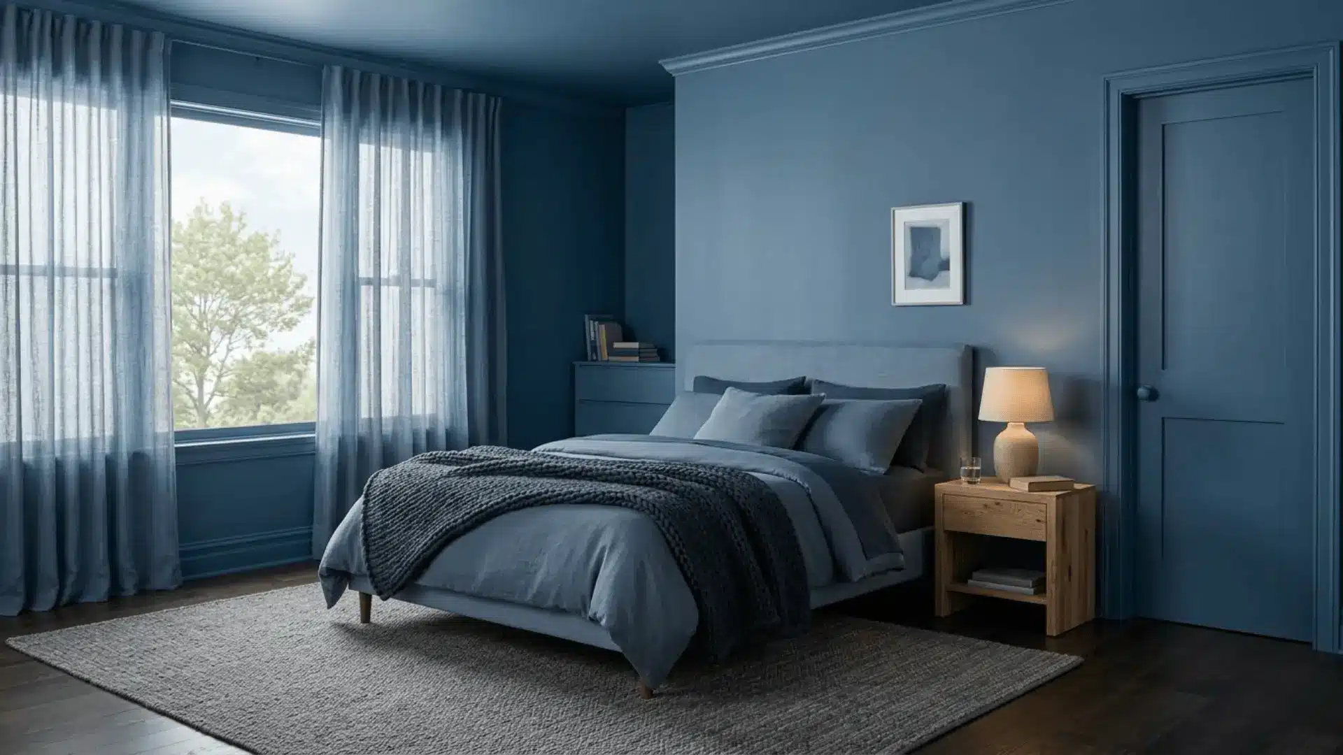 dusty blue color drenching bedroom with tonal linen bedding soft lighting and seamless painted surfaces