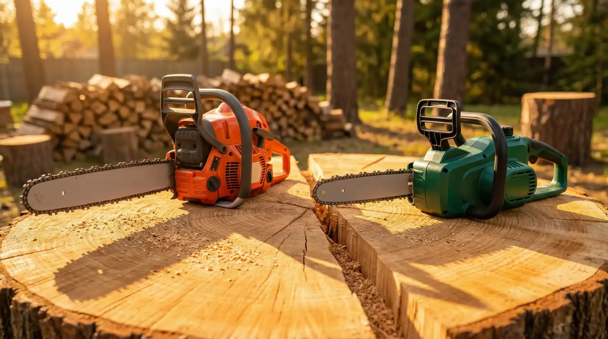Two chainsaws on large tree stumps with stacked firewood in a sunny forest setting