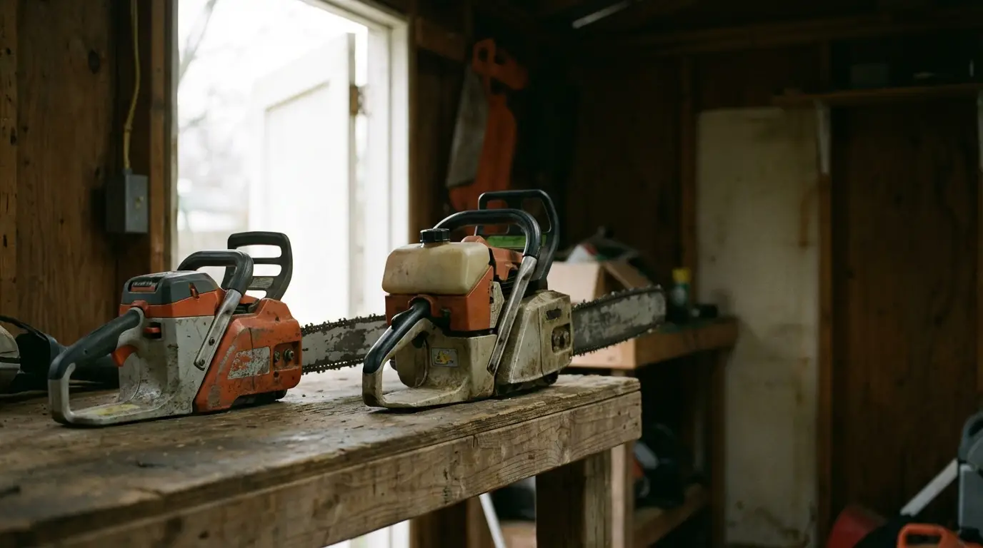 Two worn chainsaws resting on a wooden workbench in a rustic workshop