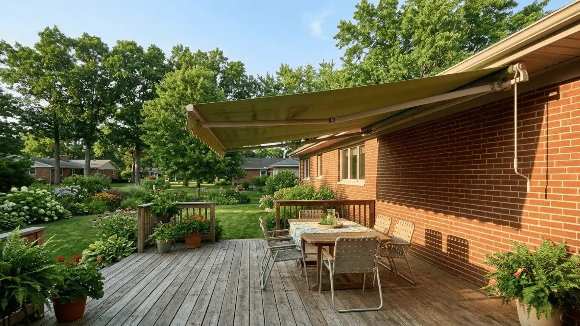 extended olive green retractable awning mounted on a brick wall over a wooden deck