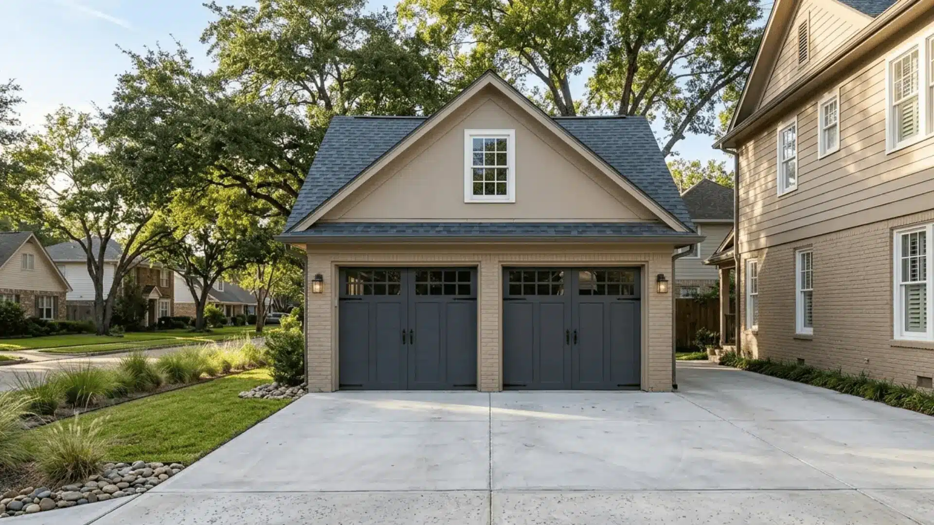 exterior view of a detached two-car garage with charcoal carriage doors, brick home, and tree-lined driveway