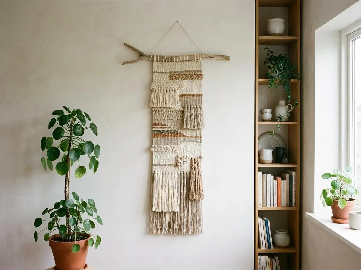 Woven wall hanging on white wall beside potted plant and wooden bookshelf in well-lit room
