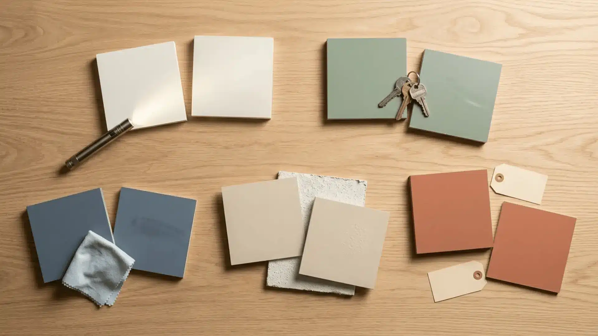 flat lay of paint swatch cards and everyday objects showing sheen, durability, and cleanability differences