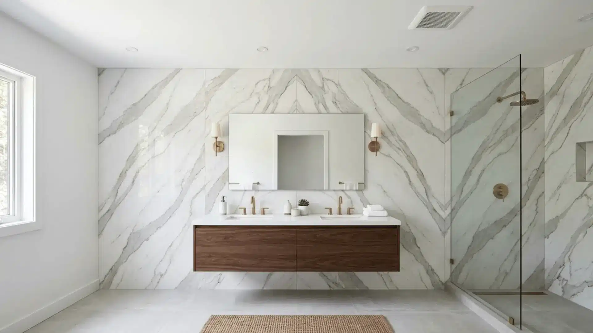 floor to ceiling marble tile feature wall behind floating vanity with continuous bookmatched veining