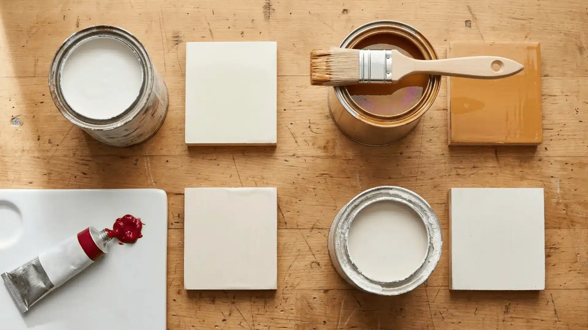 four paint types including latex, oil-based, acrylic, and primer arranged on a wooden workbench with painted swatches