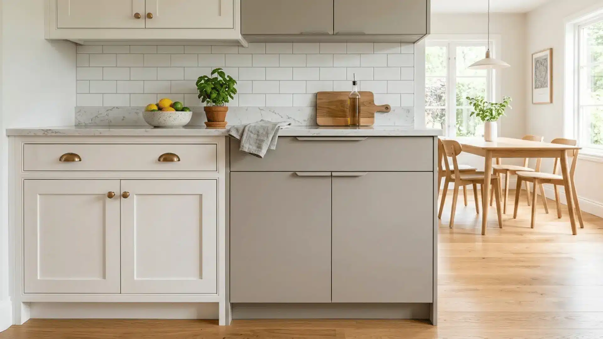 framed and frameless kitchen cabinets side by side in a bright, naturally lit modern kitchen interior