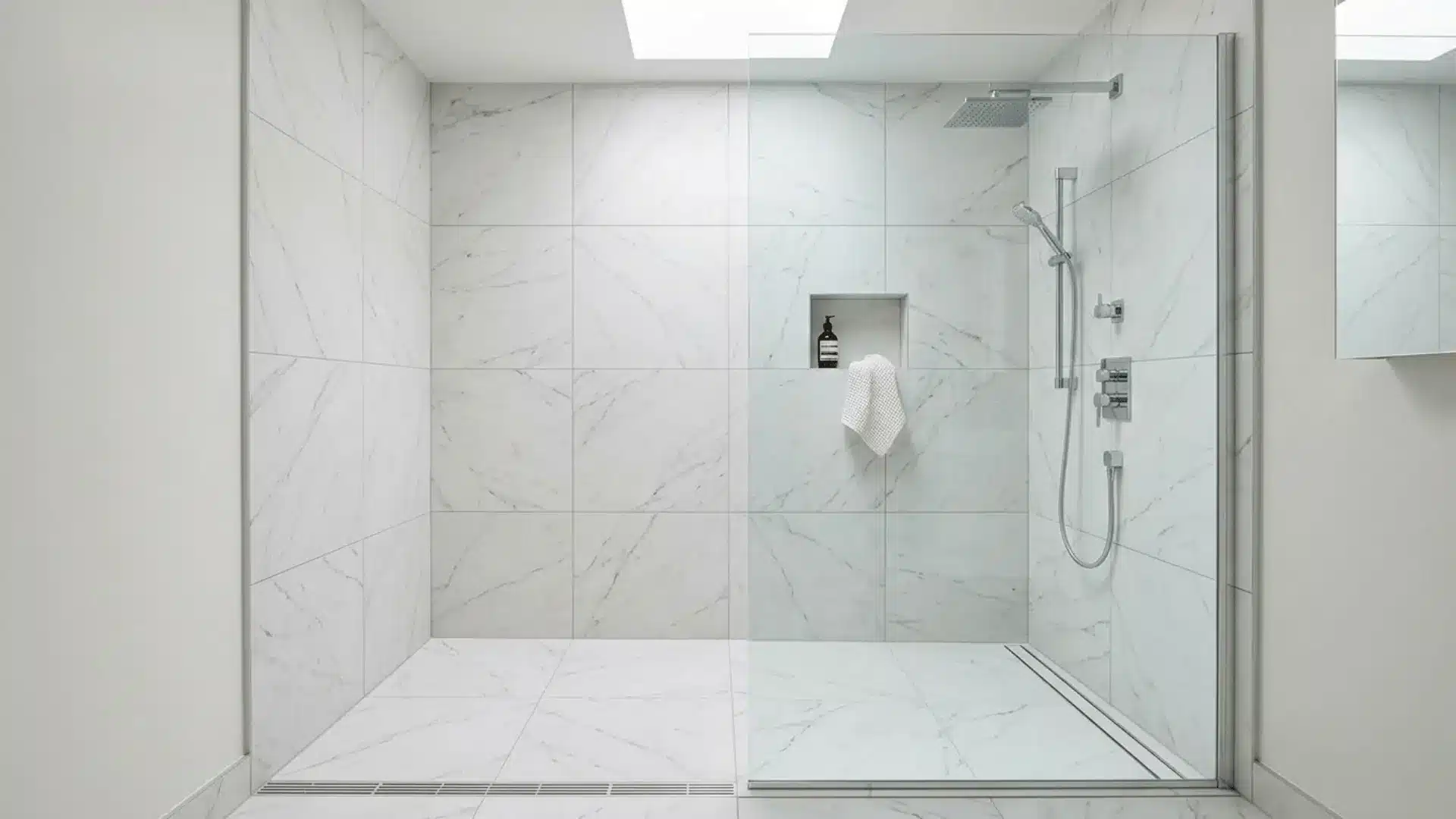 frameless glass walk-in shower with large-format marble tiles, curbless entry, and natural skylight