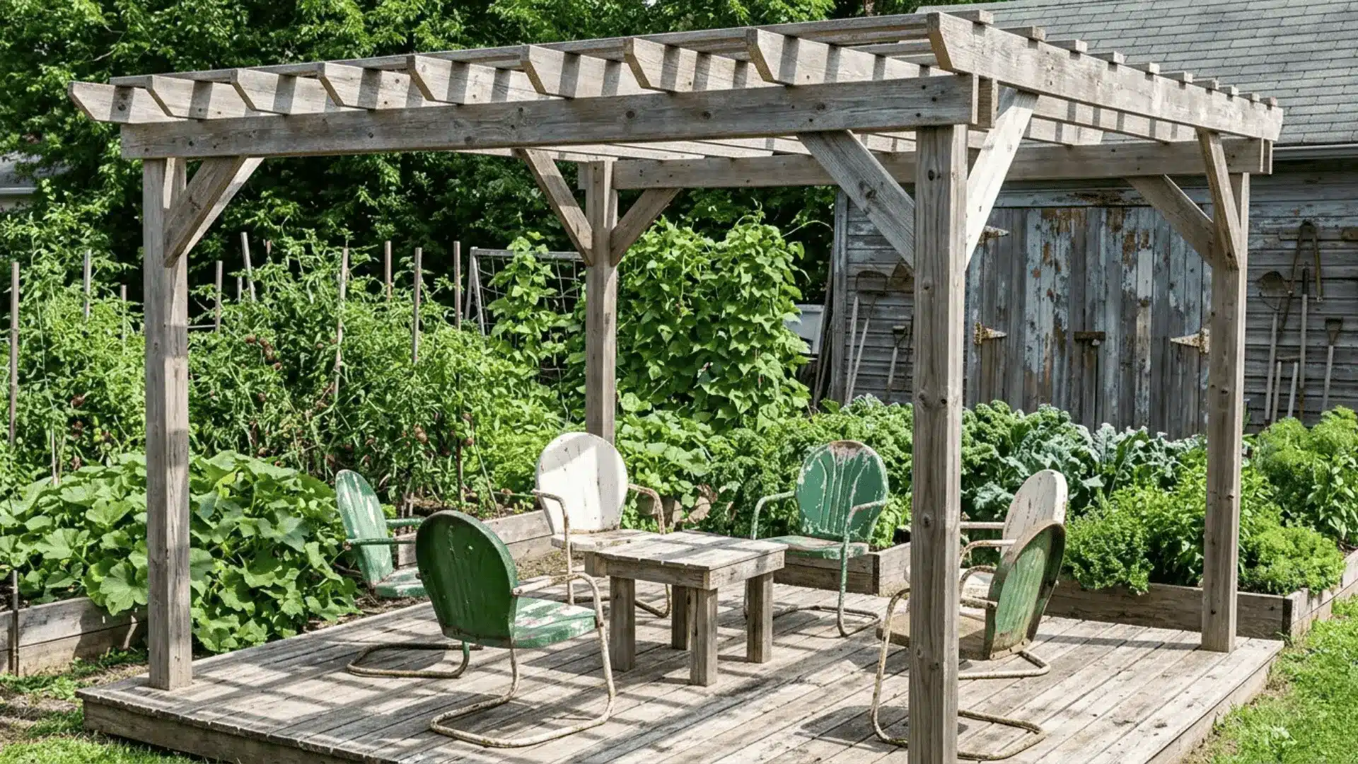 freestanding reclaimed pallet wood pergola with weathered gray timber over a backyard deck
