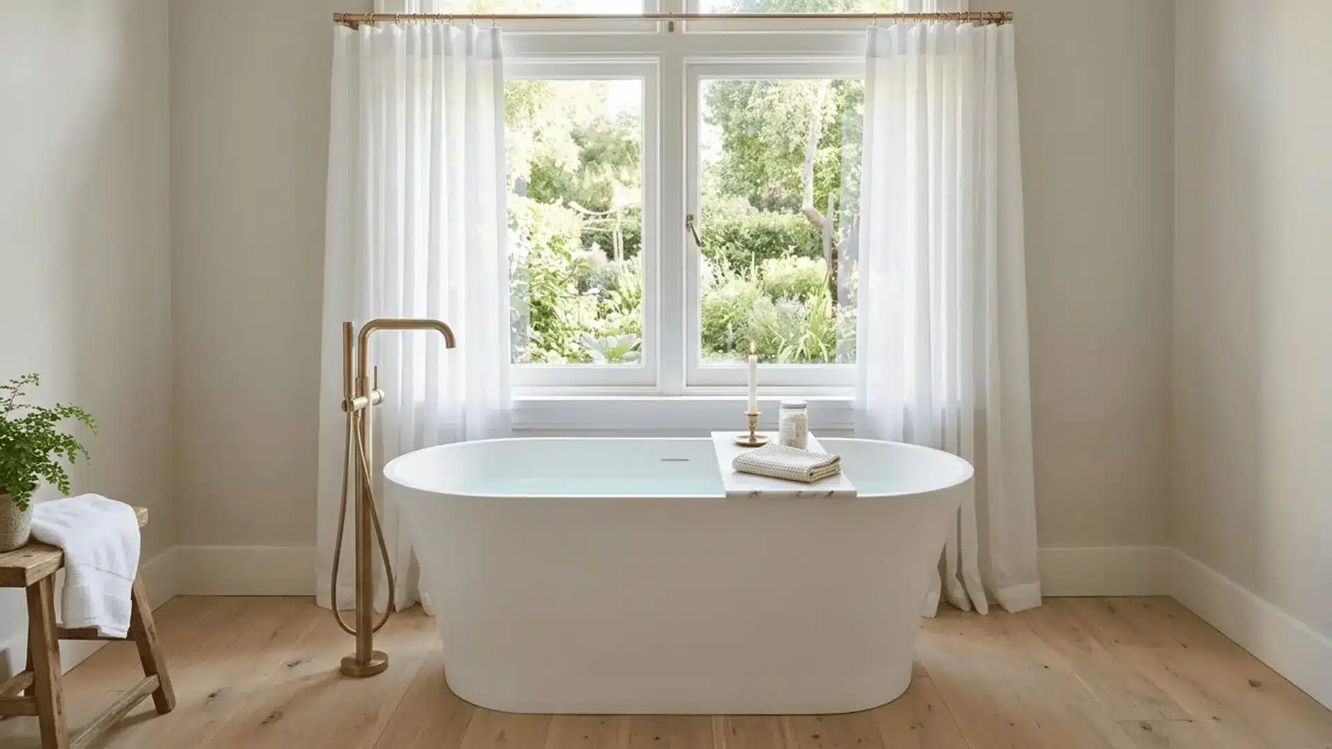 freestanding white soaking tub under a window with sheer linen curtains and natural daylight