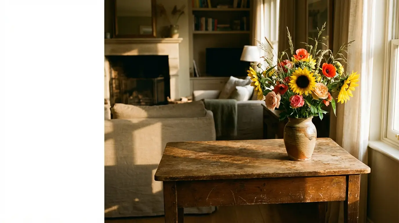 Vase of colorful flowers on rustic wooden table in cozy living room with natural light