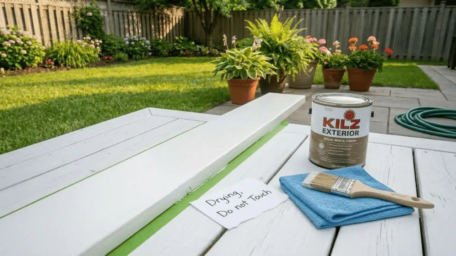 freshly painted white pressure-treated wood deck drying in warm afternoon sunlight with no disturbance